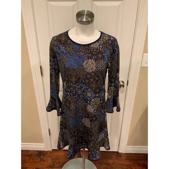 Michael Michael Kors Blue & Green Floral Print Flare Sleeve Dress, Size Medium - Picture 1 of 8